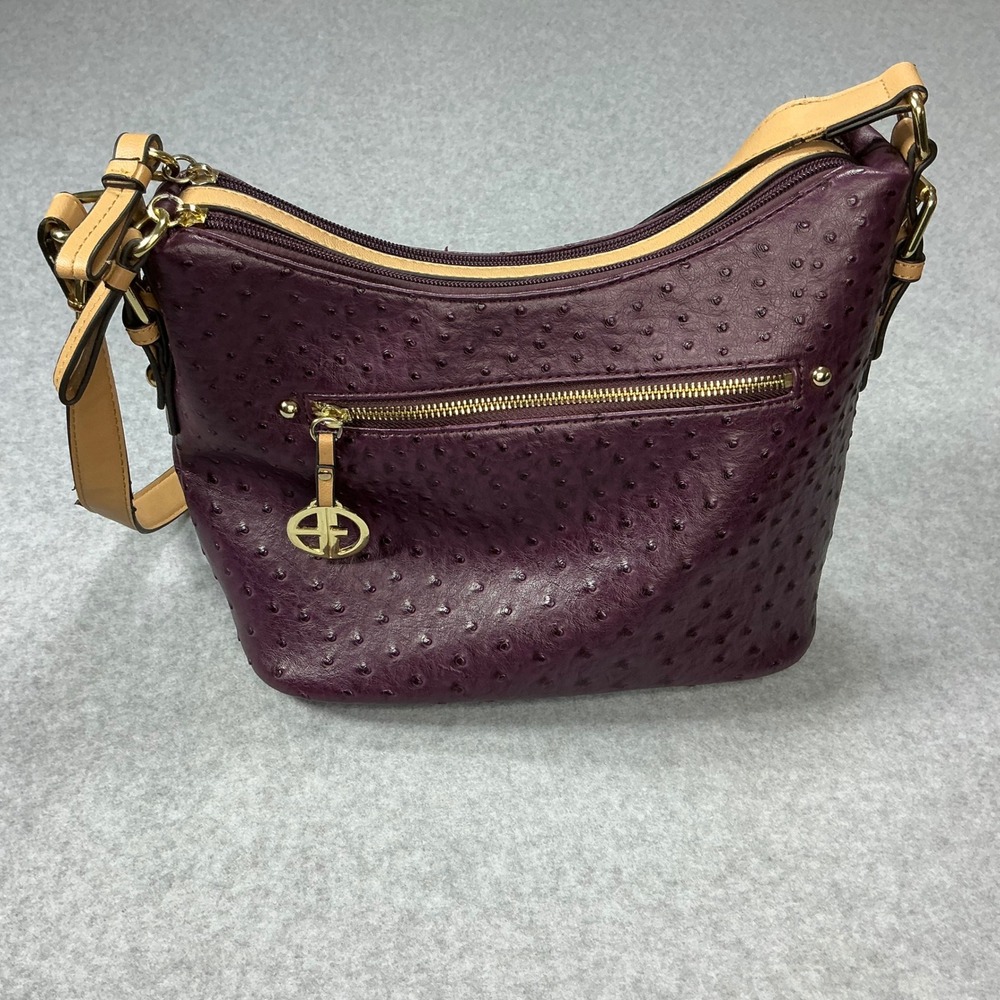 Giani Bernini Ostrich Embossed Purple Faux Leather Shoulder Bag Purse Plum Tan